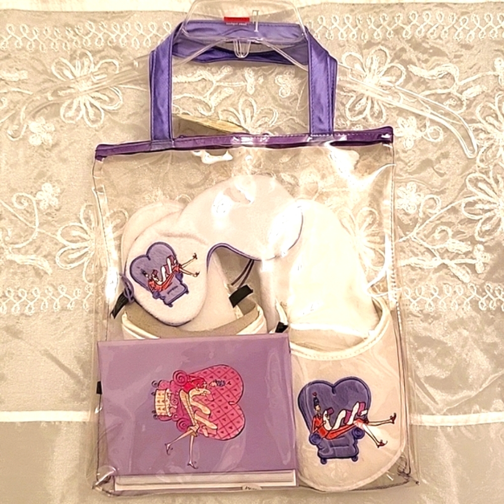 Spa Beauty Gift Set! Cozy Slippers, Sleep Mask & Photo Album, White & Purple, M